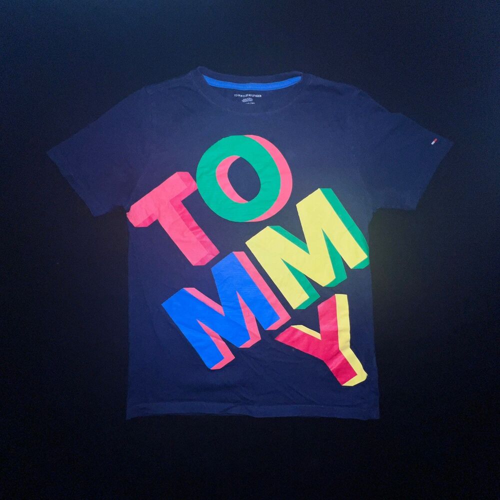Tommy Hilfiger Boys T-Shirt Size XL 18-20 Navy Blue Neon Spellout Logo Tee